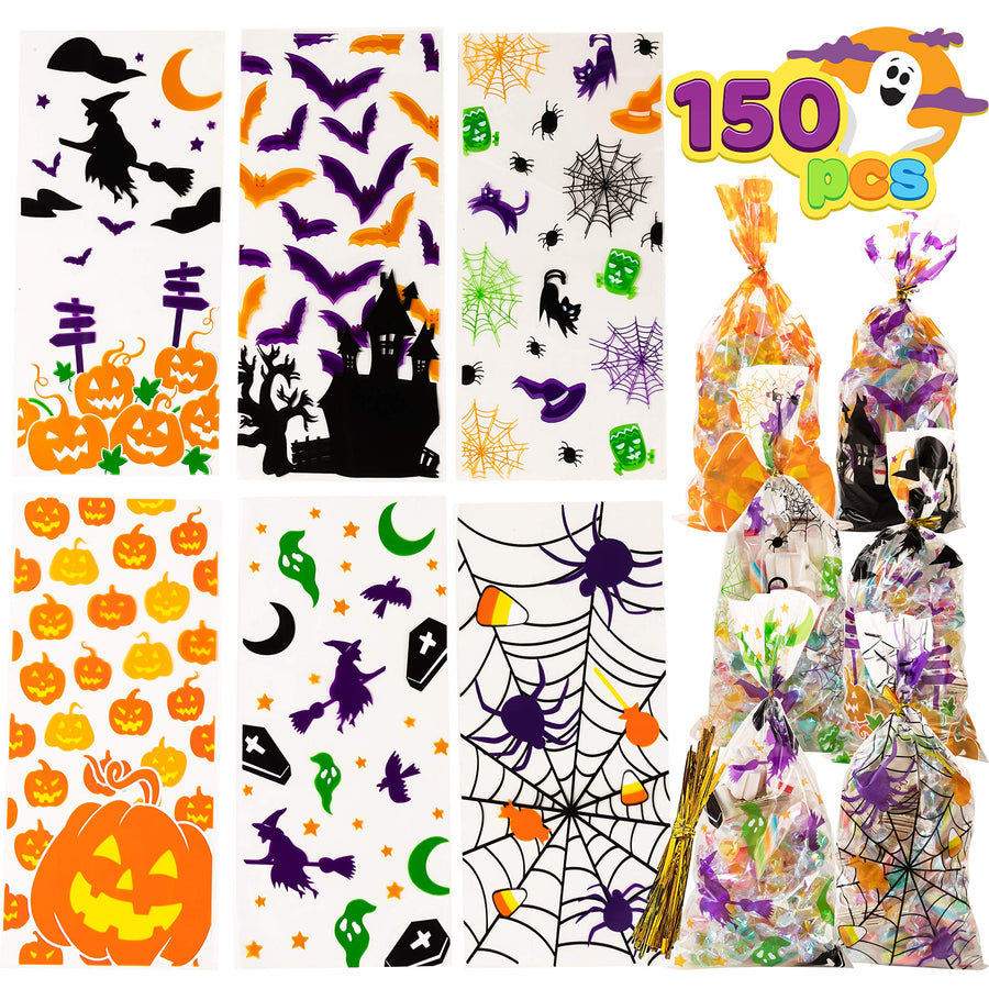 JOYIN 150 PCS Halloween Cellophane Clear Treat Bags Candy Bags with Twist Ties for Halloween Party Favors Supplies