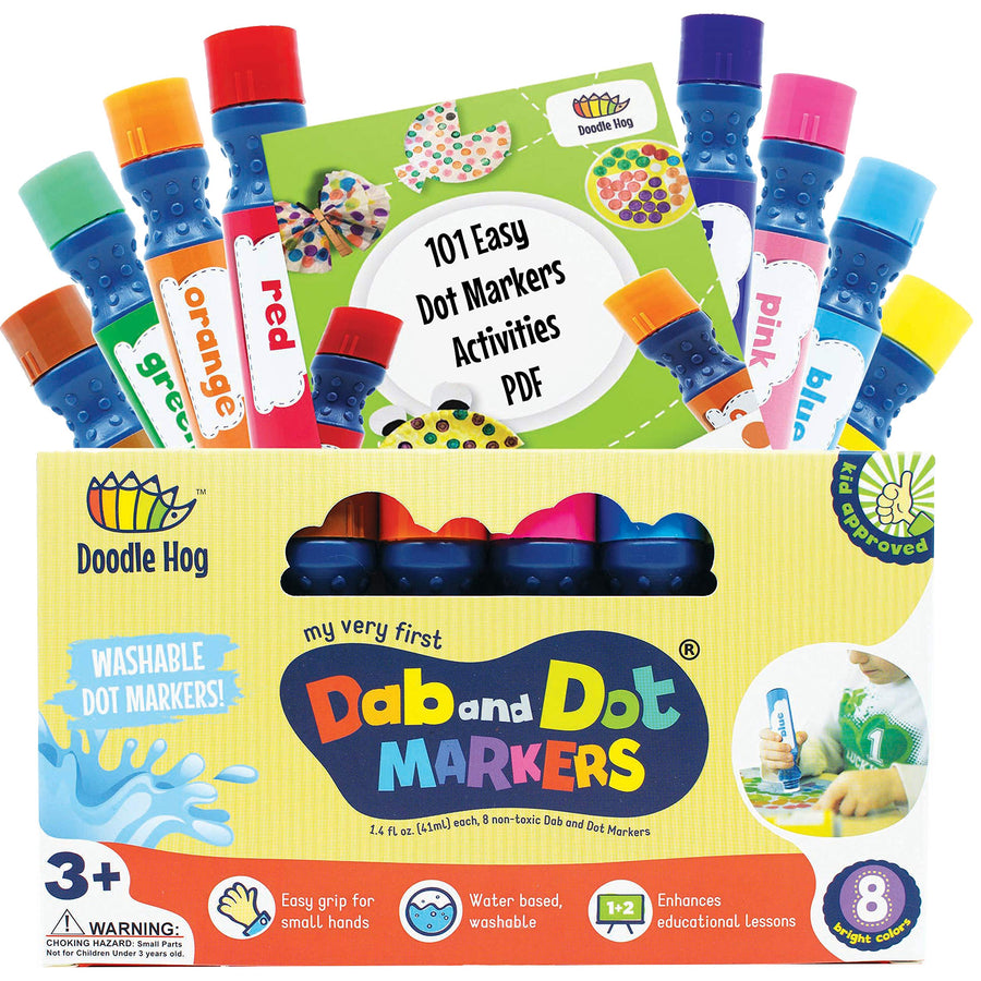 Washable 8 Colors Dab and Dot Markers Pack Set. Fun Art Supplies for Kids, Toddlers and Preschoolers. Non Toxic Arts and Crafts Supplies. Includes 200 Plus Fun Downloadable Coloring Sheets (8 Pack)