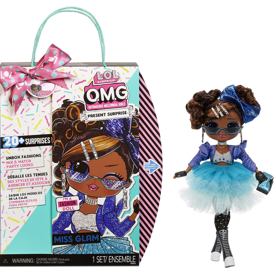 LOL Surprise OMG Present Surprise Fashion Doll Miss Glam with 20 Surprises, Birthday Inspired, 5 Fashion Looks, Accessories, Posable, Playset Gift for Kids, Toys for Girls Boys Ages 4 5 6 7+ Years Old