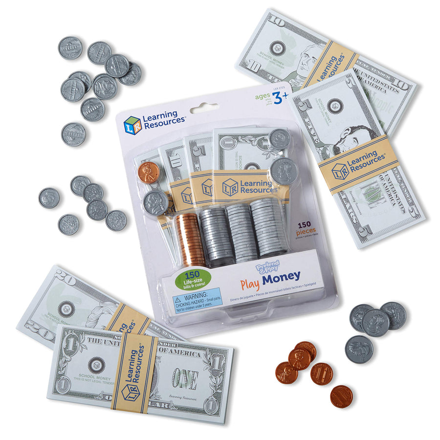 Learning Resources Pretend & Play - Play Money for Kids, Counting, Develops Early Math Skills, Currency, Coins and Bills for Kids, 150 Pieces, Ages 3+