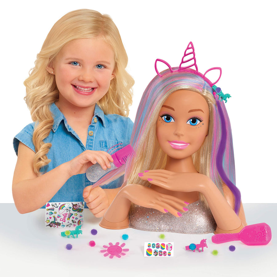 Barbie Deluxe 20-Piece Glitter and Go Styling Head, Blonde Hair and Unicorn Headband, by Just Play