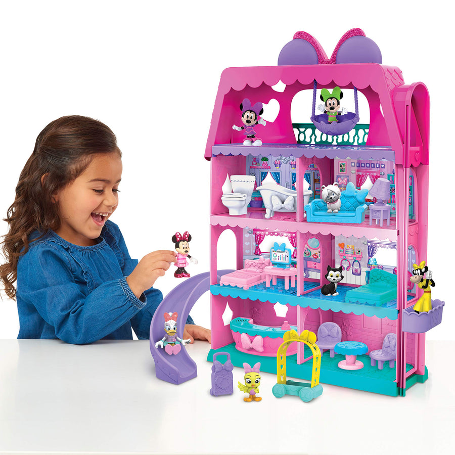 Minnie Mouse Bow-Tel Hotel, 2-Sided Playset with Lights, Sounds, and Elevator, 20 Pieces, Includes Minnie Mouse, Daisy Duck, and Snowpuff Figures, by Just Play