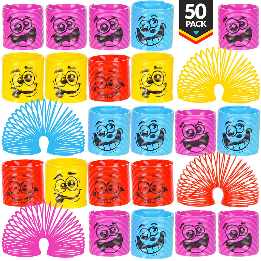 Mega Pack Of 50 Coil Springs - Assorted Emoji Silly Faces And Colors, Mini Spring Toy For Party Favor, Carnival Prize, Gift Bag Filler, Stocking Stuffers