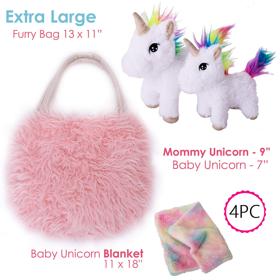 Unicorn Gift for Girls 4 Pcs Set. Baby and Mommy Unicorn Toy, XL Furry Bag and Baby Doll Blanket. Adorable Plush Toy for 3 4 5 Year Old Girl, Unicorn Gift for Little Girl. Birthday, Christmas Age 2-8