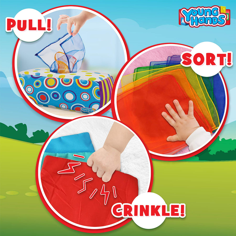 Sensory Pull Along Toddler Infant Baby Tissue Box - Colorful Juggling Rainbow Dance Scarves for Kids STEM Montessori Educational Manipulative Preschool Learning Toys – 5 Month 1-2-Year-Old Activities