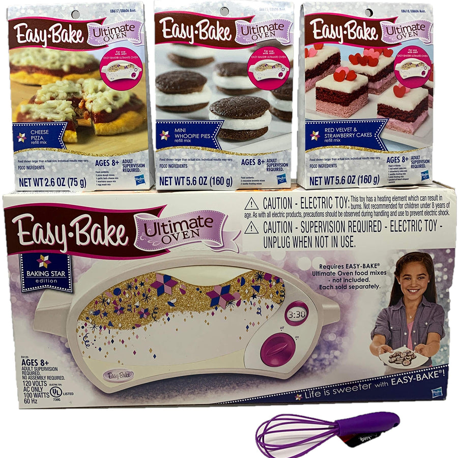 Easy Bake Oven Easy Bake Ultimate Oven Baking Bundle Baking Star Edition + Larger Size 13.8 Oz. Easy Bake 3-Pack Refill Mixes (Pizza, Whoopie Pies and Red Velvet & Strawberry Cakes) + Mini Whisk