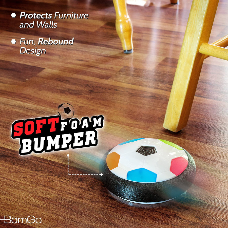 Hover Soccer Ball for Kids | Flashing Colored LED Lights | for Smooth Surfaces | New Football Toy, Indoor Battery Operated Air Floating Hovering Disc for Girls and Boys, Soft Foam Bumpers, Ages 3-13