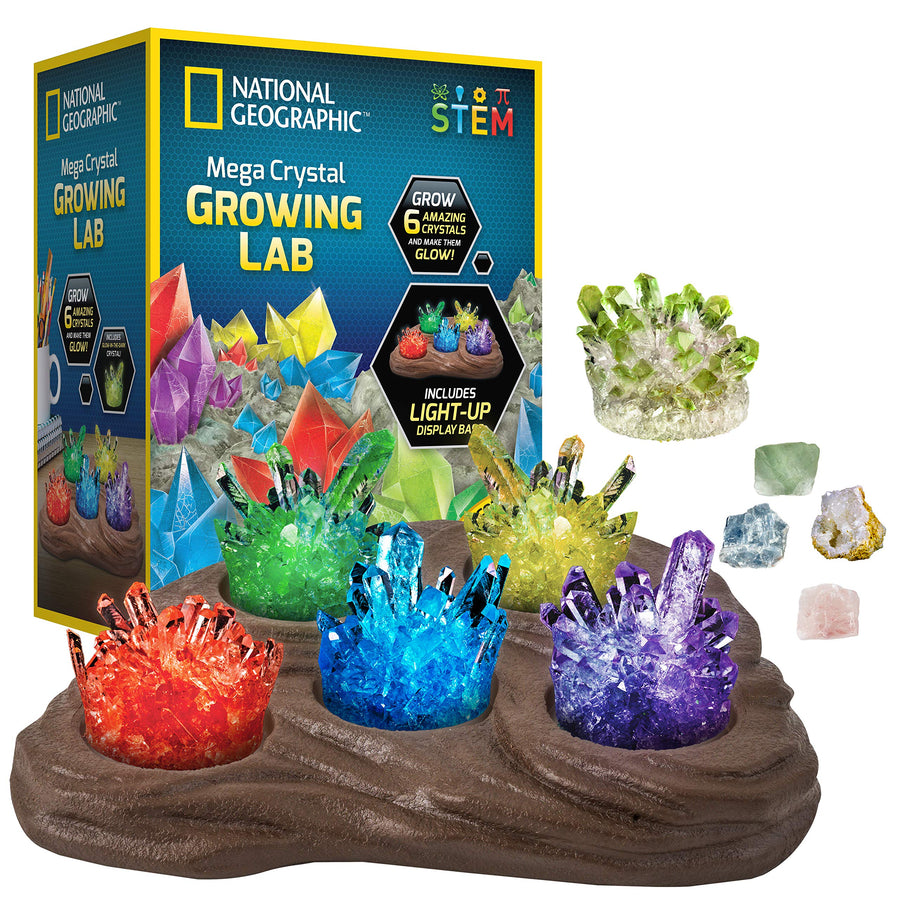 NATIONAL GEOGRAPHIC Mega Crystal Growing Lab – Grow 6 Vibrant Crystals Fast (3-4 Days), with Light-Up Display Stand, Learning Guide, & 4 Genuine Crystal Specimens, an Amazon Exclusive Science Kit