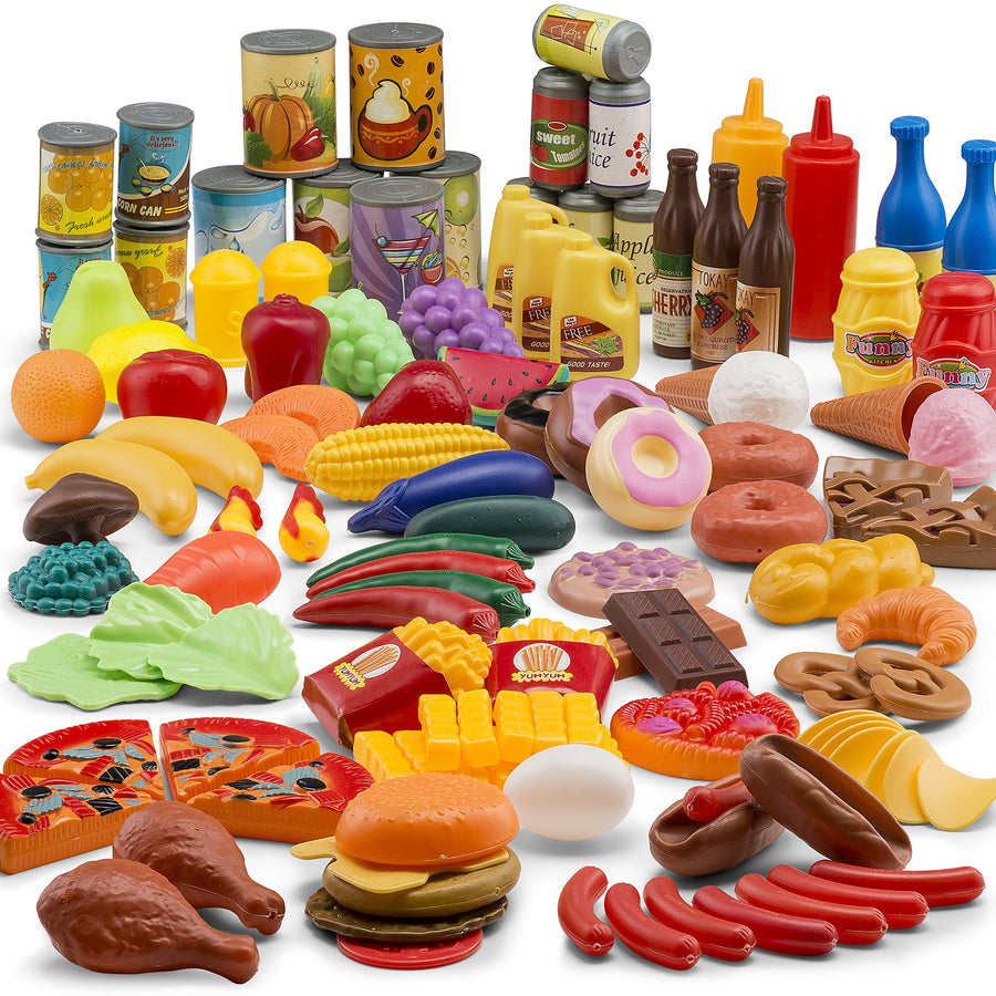 JaxoJoy 122-Piece Deluxe Pretend Play Food Set Beautiful Toy Food Assortment
