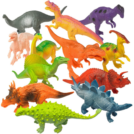 Prextex Realistic Looking 7" Dinosaurs Pack of 12 Toys for Boys and Girls 3 Years Old & Up Large Plastic Assorted Dinosaur Figures with Dinosaur Book