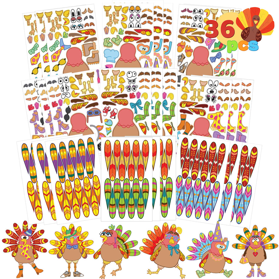 JOYIN 36 PCS Thanksgiving Make-a-Turkey Sticker Crafts for Kids DIY Turkey Stickers with Different Designs Thanksgiving Activities Party Favors
