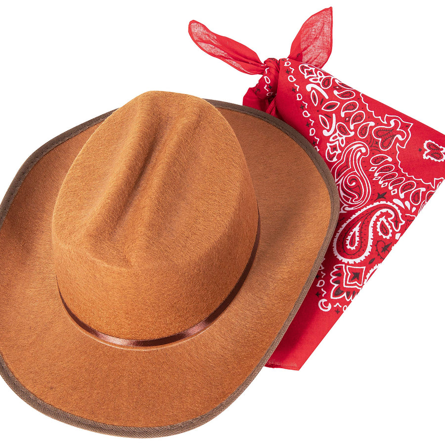 Narwhal Novelties Junior Cowboy Hat, Brown with Bandanna, Red; Bandanna & Cowboy Hat for Kids, Unisex