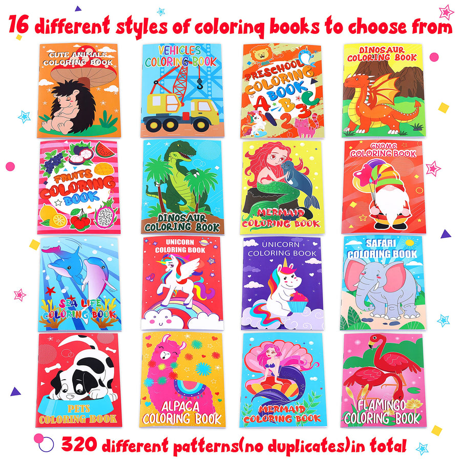 16PCS Coloring Books for Kids Ages 4-8 - Birthday Party Favors Gifts Goodie Bags Stuffer Fillers School Classroom Activity Includes Unicorn, Mermaid, Alpaca, Dinosaur, Fruits, Car,Gnome Design