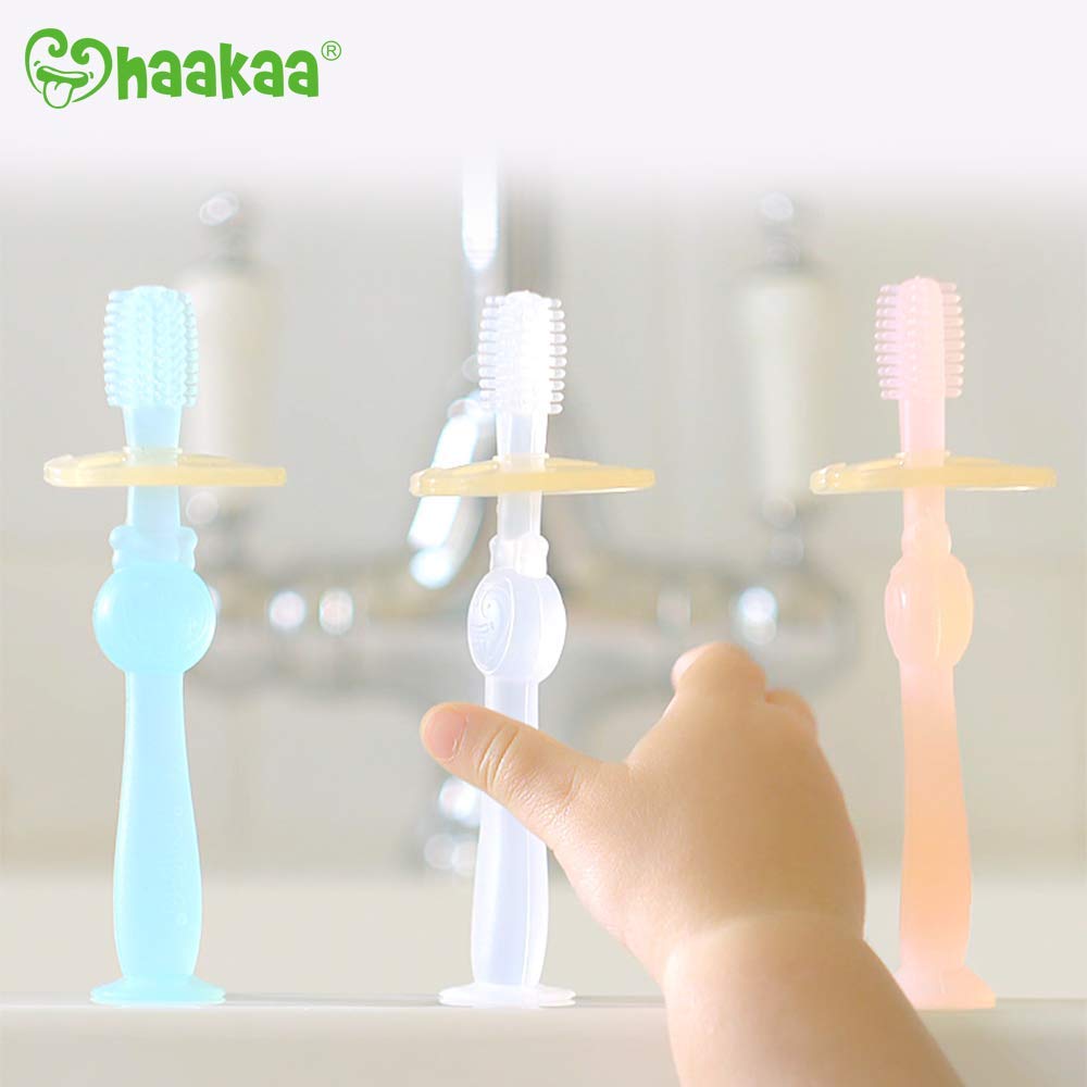 Haakaa 360° Baby Toothbrush with Suction Base Infant Silicone Toothbrush Teethers for Babies Teething Toys,1pc (Blue)