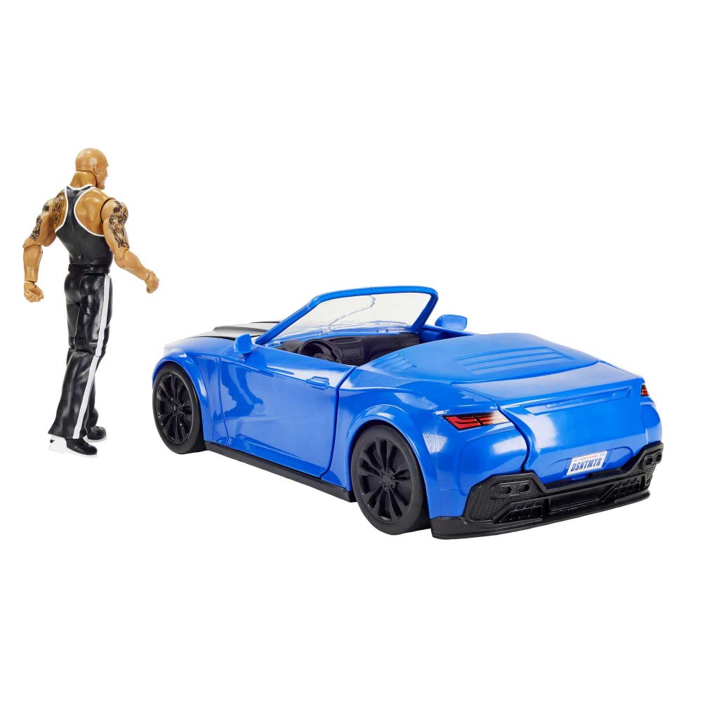 WWE Wrekkin’ Slam-Mobile Vehicle (13-in / 33.02-cm) with Rolling Wheels and 8 Breakable Parts & 6-in / 15.24-cm The Rock Basic Action Figure, Gift for Ages 6 Years Old & Up [Amazon Exclusive]