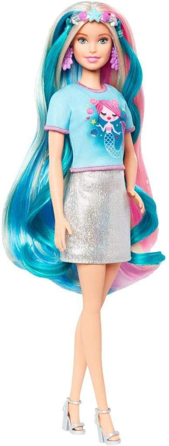 Barbie Fantasy Hair Doll, Blonde, with 2 Decorated Crowns, 2 Tops & Accessories for Mermaid and Unicorn Looks, Plus Hairstyling Pieces, for Kids 3 to 7 Years Old