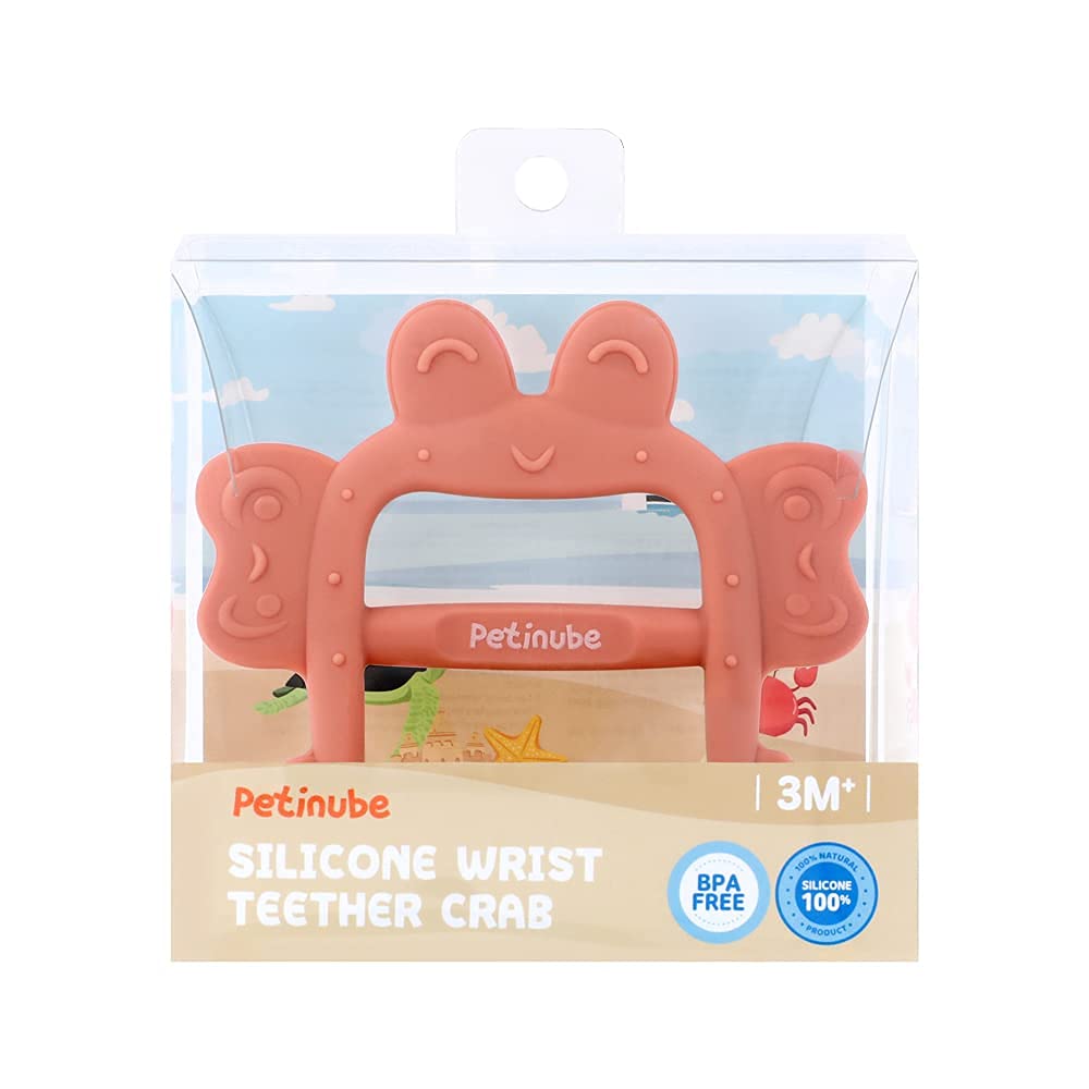 PETINUBE Anti-Dropping Silicone Baby Wrist Teether Soothing Pacifier for Infants 3+ Months Babies, Pack of 1, Made in Korea (Crab, Baby Coral)