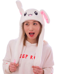IronBuddy Rabbit Hat Ear Moving Jumping Hat Funny Bunny Plush Hat Cap for Women Girls, Cosplay Christmas Party Holiday Hat (White)
