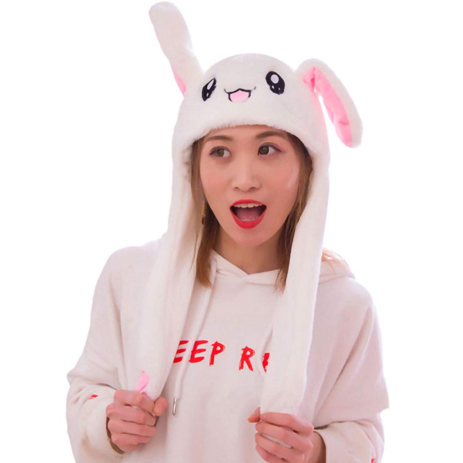 IronBuddy Rabbit Hat Ear Moving Jumping Hat Funny Bunny Plush Hat Cap for Women Girls, Cosplay Christmas Party Holiday Hat (White)