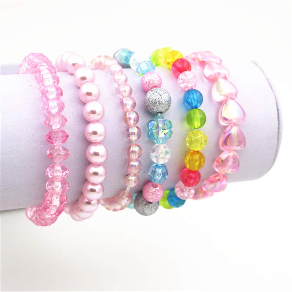 BGSHEMNI 6 Pieces Princess Bracelets,Rainbow Stretchy Bead Bracelets Pink Love Bracelet,Girls Costume Jewelry Set