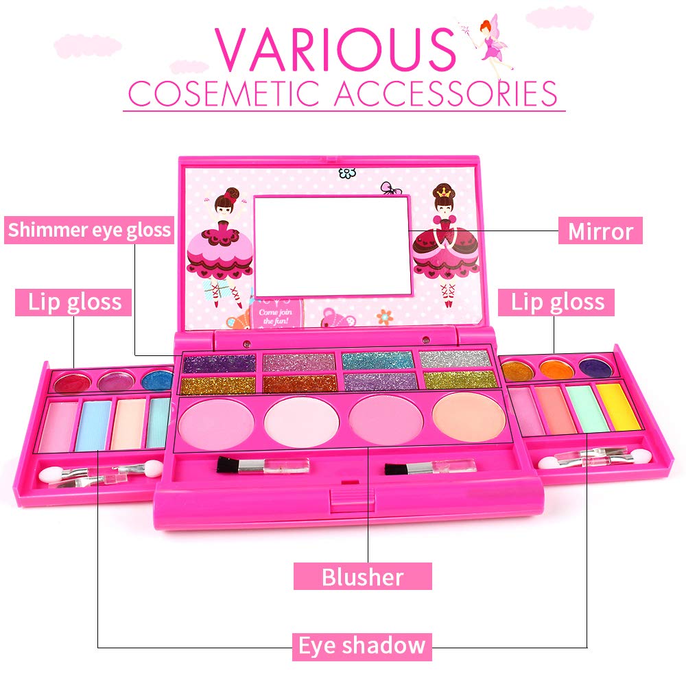 Tomons Kids Washable Makeup Kit, Fold Out Makeup Palette with Mirror, Make Up Toy Cosmetic Kit Gifts for Girls - Safety Tested- Non Toxic, Pink