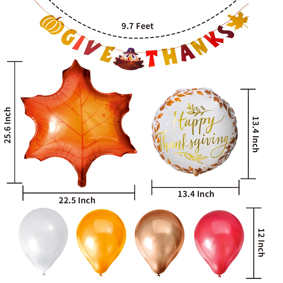 JOYIN 35 Pcs Thanksgiving Party Decoration Set Includes GiveThanks Hanging Banner, Happy Thanksgiving Gold Letter Foil Balloon, 12 Latex and 3 Maple Leaf Ballooons, Fall Holiday Decor Party Supplies