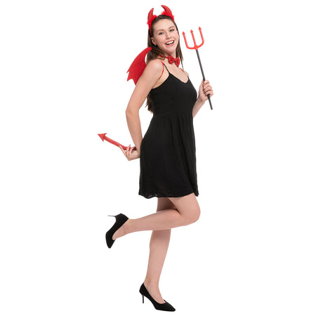 Spooktacular Creations 5 Pieces Halloween Devil Costume Set with Red Devil Wings, Devil Pitchfork, Bow Tie, Sequin Devil Horn Headband, and Devil Tail Demon Costume Accessories for Cosplay Party