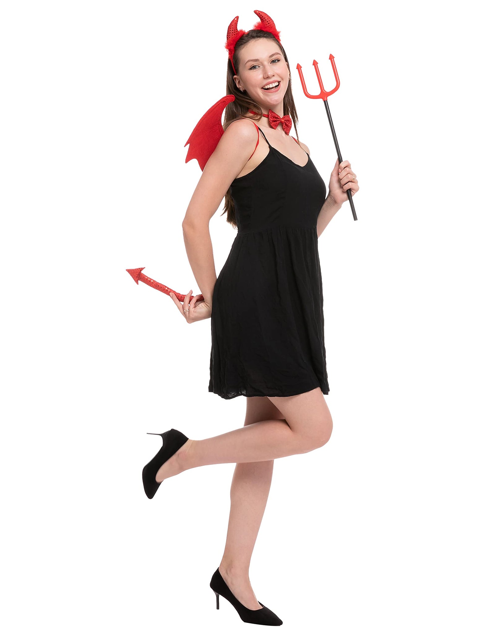 Spooktacular Creations 5 Pieces Halloween Devil Costume Set with Red Devil Wings, Devil Pitchfork, Bow Tie, Sequin Devil Horn Headband, and Devil Tail Demon Costume Accessories for Cosplay Party