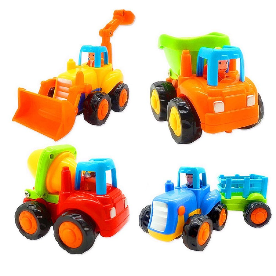 Friction Powered Cars, Push and Go Toy Trucks Construction Vehicles Toys Set for 1-3 Year Old Baby Toddlers- Dump Truck, Cement Mixer, Bulldozer, Tractor, Early Educational Cartoon ( Set of 4)
