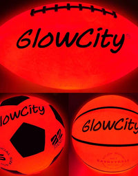 GlowCity Glow Balls for Kids - Pack of 3 with Official Sized Glow in The Dark Football, LED Basketball and Size 5 Light Up Soccer Ball - Spare Batteries Included﻿
