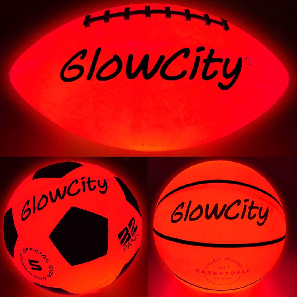 GlowCity Glow Balls for Kids - Pack of 3 with Official Sized Glow in The Dark Football, LED Basketball and Size 5 Light Up Soccer Ball - Spare Batteries Included﻿