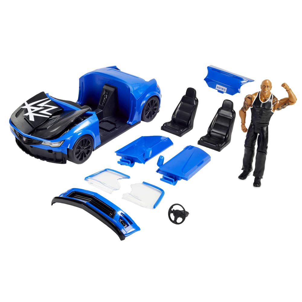 WWE Wrekkin’ Slam-Mobile Vehicle (13-in / 33.02-cm) with Rolling Wheels and 8 Breakable Parts & 6-in / 15.24-cm The Rock Basic Action Figure, Gift for Ages 6 Years Old & Up [Amazon Exclusive]