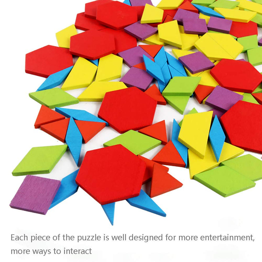 GEMEM 155 Pcs Wooden Pattern Blocks Set Geometric Shape Puzzle Kindergarten Classic Educational Montessori Tangram Toys for Kids Ages 4-8 with 24 Pcs Design Cards
