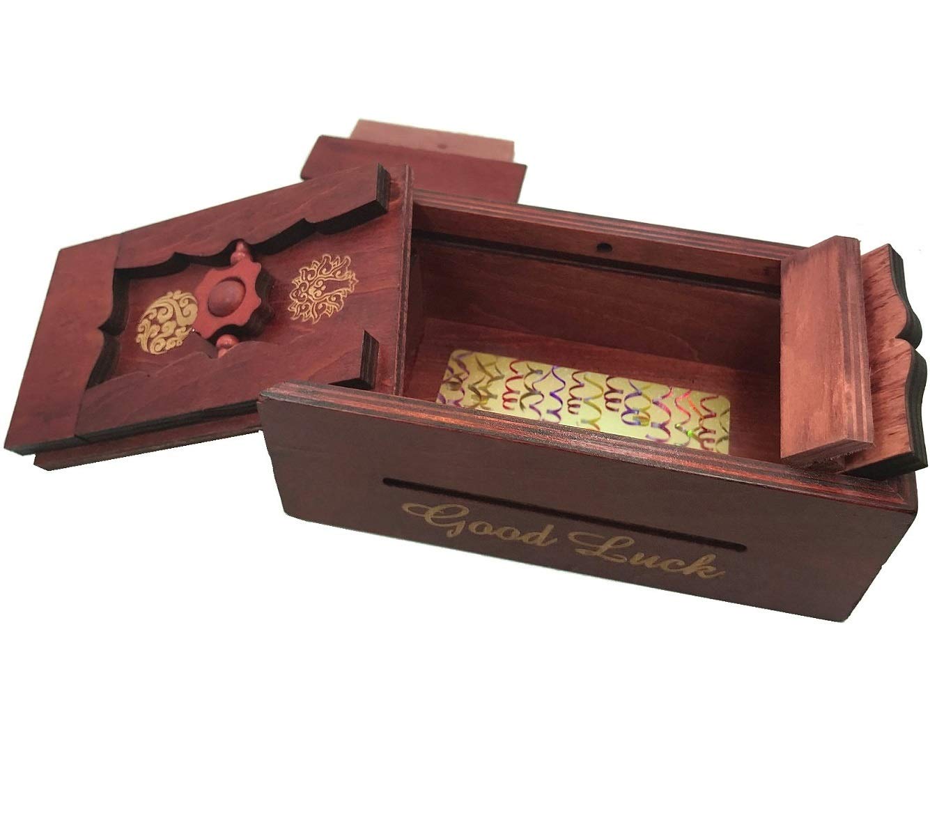 Good Luck Puzzle Box Secret - Money and Gift Card Holder in a Wooden Magic Trick Lock with Hidden Compartment Piggy Bank Brain Teaser Game