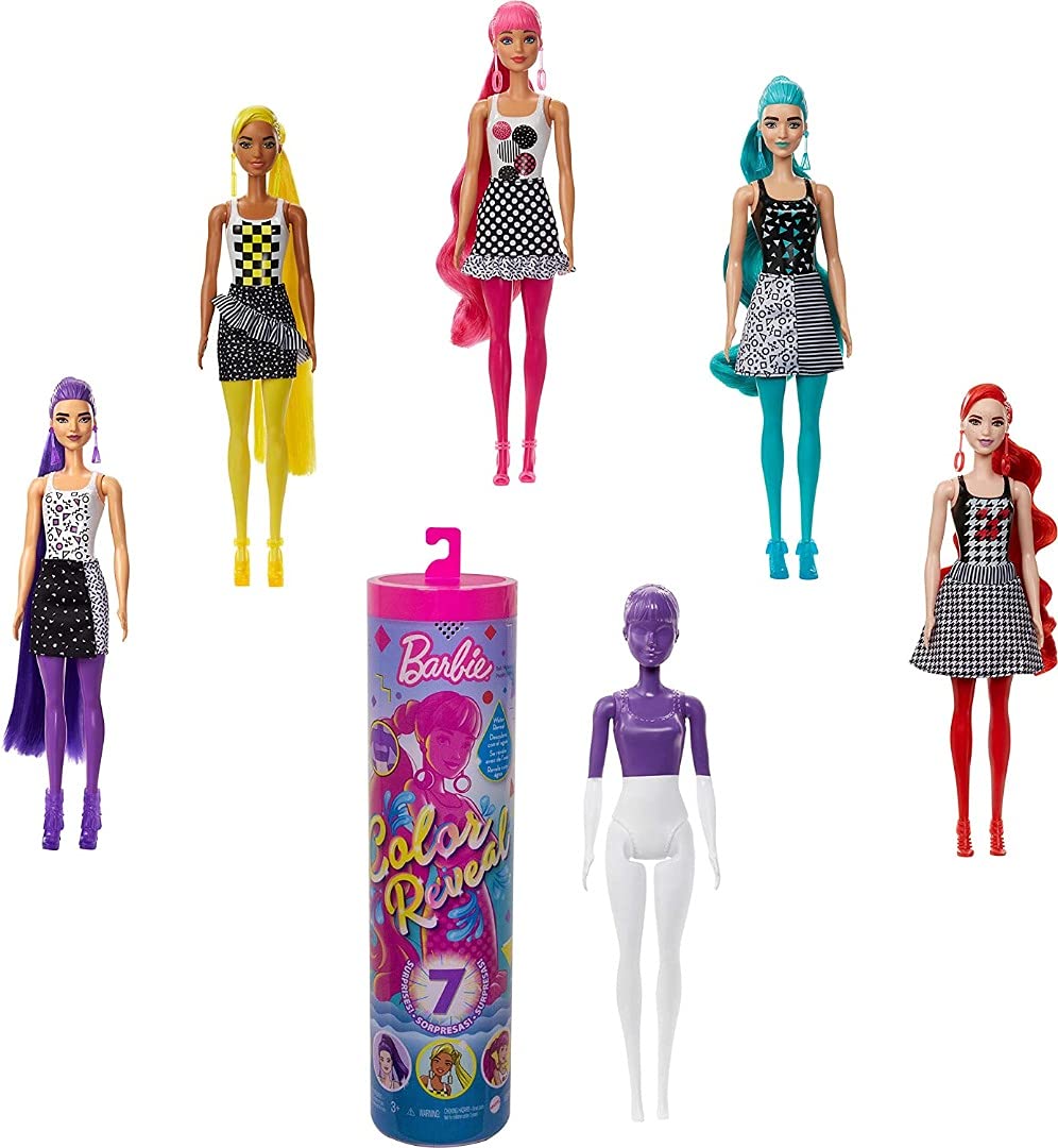 Barbie Color Reveal Doll with 7 Surprises: 4 Bags Contain Skirt, Shoes, Earrings & Brush; Water Reveals Confetti-Print; Doll’s Look & Color Change on Hair & Face; Party Series