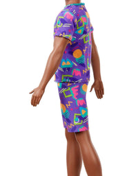 Barbie Ken Fashionistas Doll #162 with Rooted Brunette Hair Wearing Graphic Purple Top, Shorts & Yellow Shoes, Toy for Kids 3 to 8 Years Old
