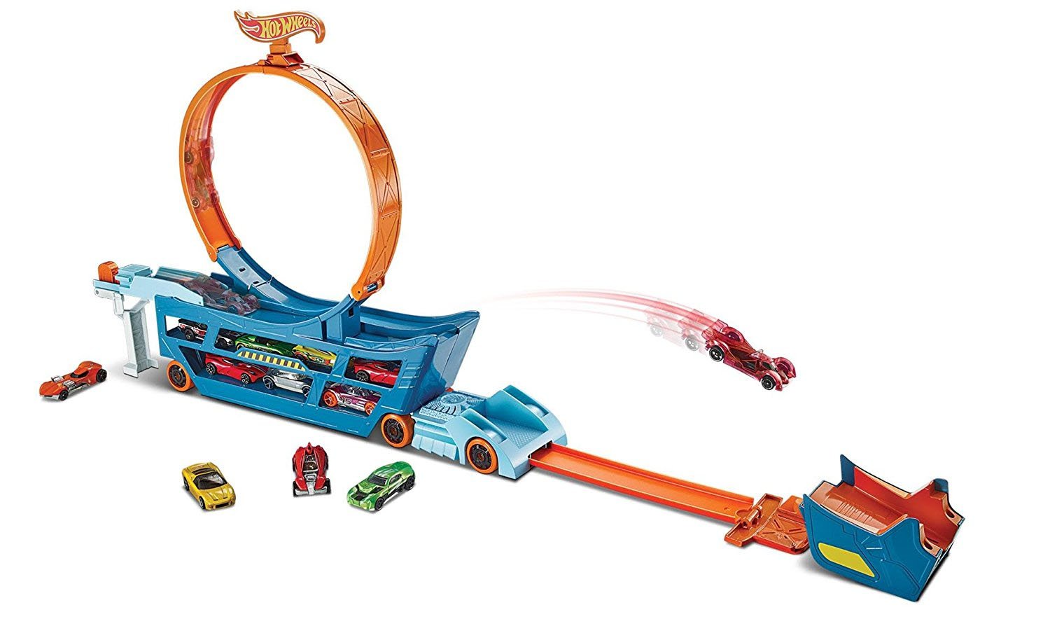 Hot Wheels Transporter Truck Mobile Play Set Large Loop Collapsible Launcher Room for 18 Die-Cast 1:16 Vehicles Ages 3 and Up