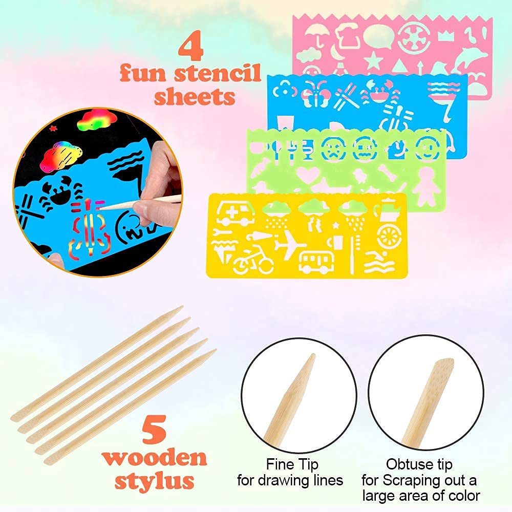 Mocoosy 60Pcs Scratch Art Paper for Kids - Rainbow Magic Scratch Off Paper Art Craft Kit Black Scratch Paper Sheets with 4 Stencils 5 Wooden Stylus for Party Favor Game Activities Christmas Gifts