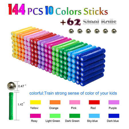 Veatree 206 Pcs Magnetic Building Sticks Blocks Toys, Magnet Educational Toys STEM Toys for Kids and Adult, Non-Toxic Building Toy 3D Puzzle with Storage Bag