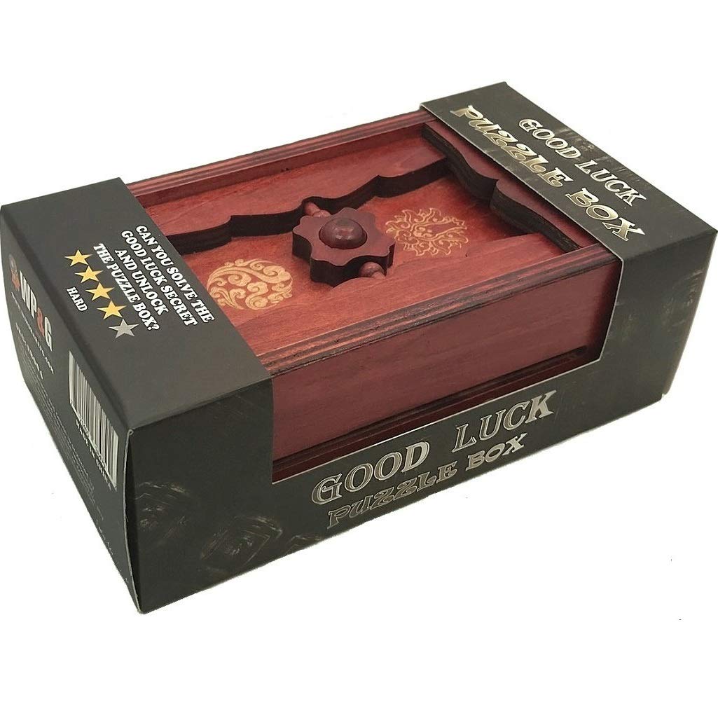 Good Luck Puzzle Box Secret - Money and Gift Card Holder in a Wooden Magic Trick Lock with Hidden Compartment Piggy Bank Brain Teaser Game