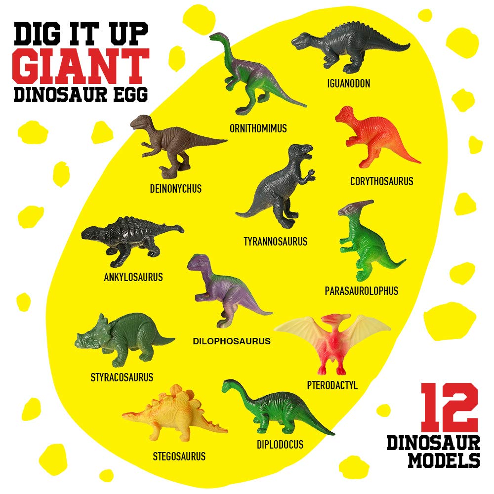 XXTOYS Dino Egg Dig Kit Dinosaur Eggs Jumbo Dino Egg with 12 Different Dinosaur Toys Dino Egg Kit for 5 Kids with 6 Digging Tools Party Archaeology Paleontology Educational Science Gift for Age 3-5