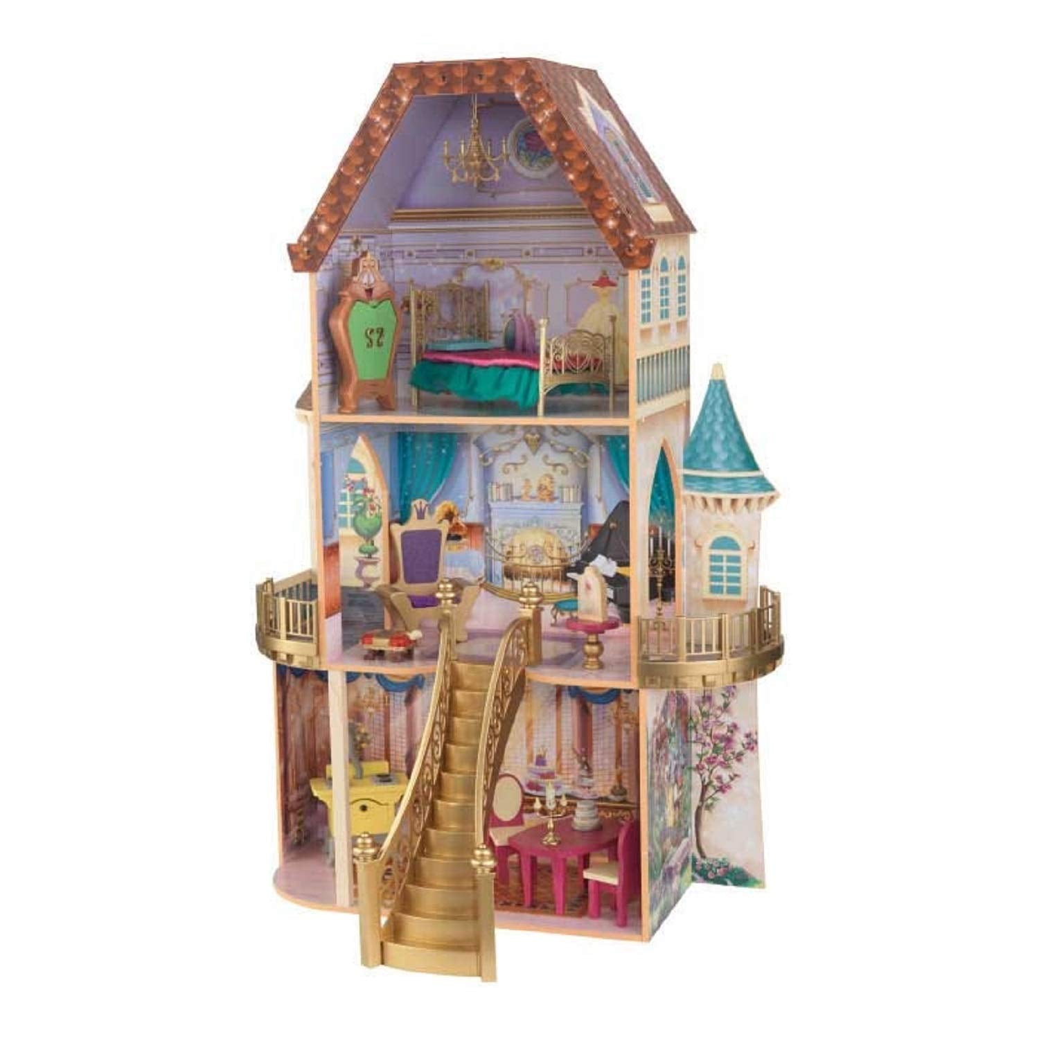 KidKraft Disney Princess Belle Enchanted Wooden Dollhouse, Almost Four Feet Tall, with Balconies, Staircase and 13 Accessories, Gift for Ages 3+