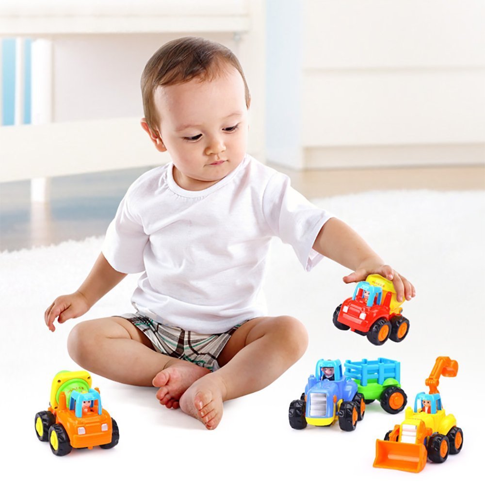 Friction Powered Cars, Push and Go Toy Trucks Construction Vehicles Toys Set for 1-3 Year Old Baby Toddlers- Dump Truck, Cement Mixer, Bulldozer, Tractor, Early Educational Cartoon ( Set of 4)