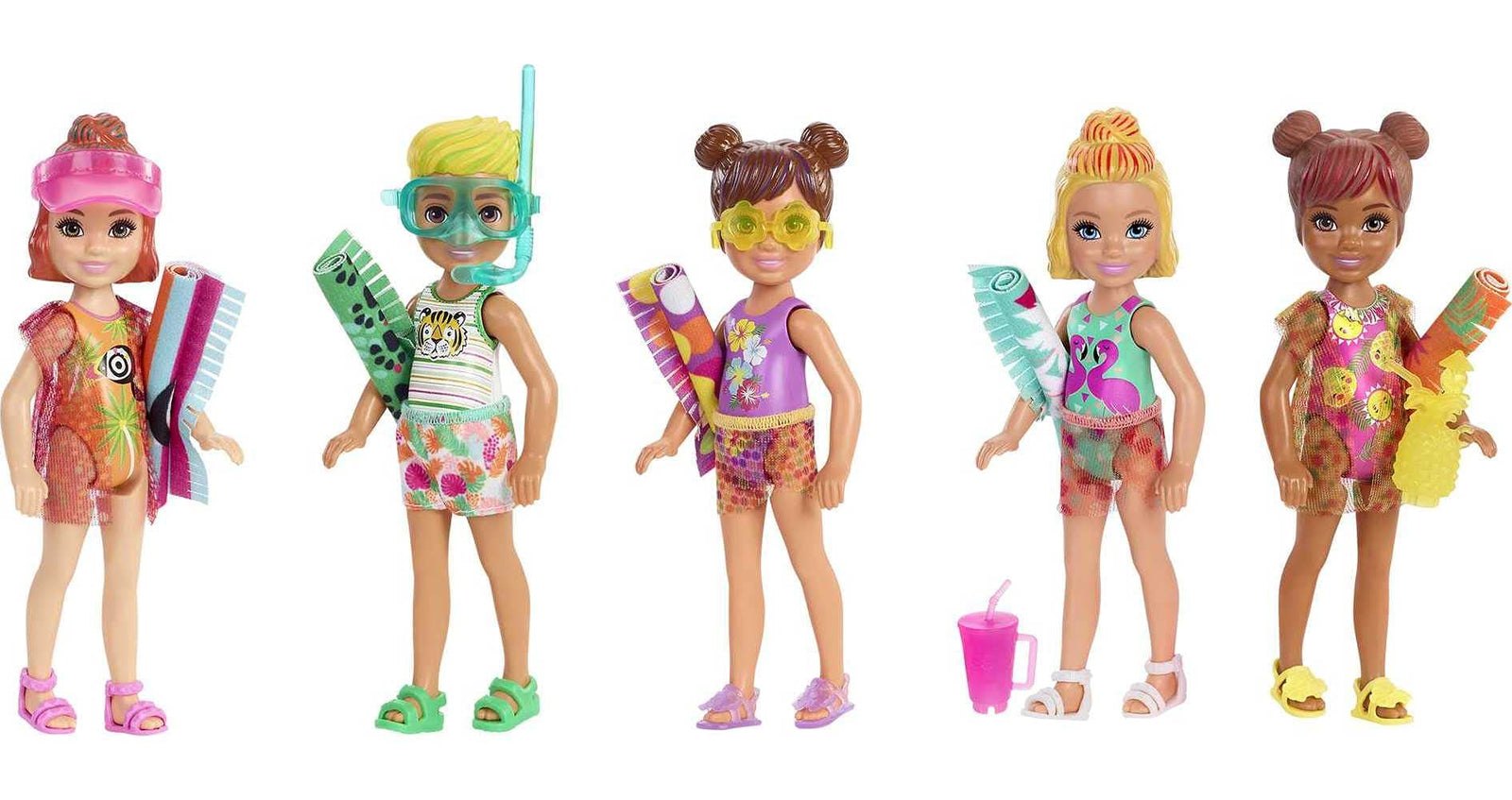 Barbie Chelsea Color Reveal Doll with 6 Surprises: 4 Bags with Cover-Up, Shoes, Towel & Accessory; Water Reveals Marble Blue Doll’s Look & Color Change on Hair; Sand & Sun Series