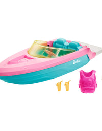 Barbie Boat with Puppy and Themed Accessories, Fits 3 Dolls, Floats in Water, Great Gift for 3 to 7 Year Olds
