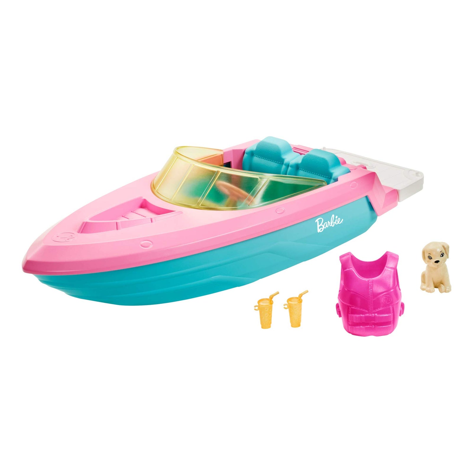 Barbie Boat with Puppy and Themed Accessories, Fits 3 Dolls, Floats in Water, Great Gift for 3 to 7 Year Olds