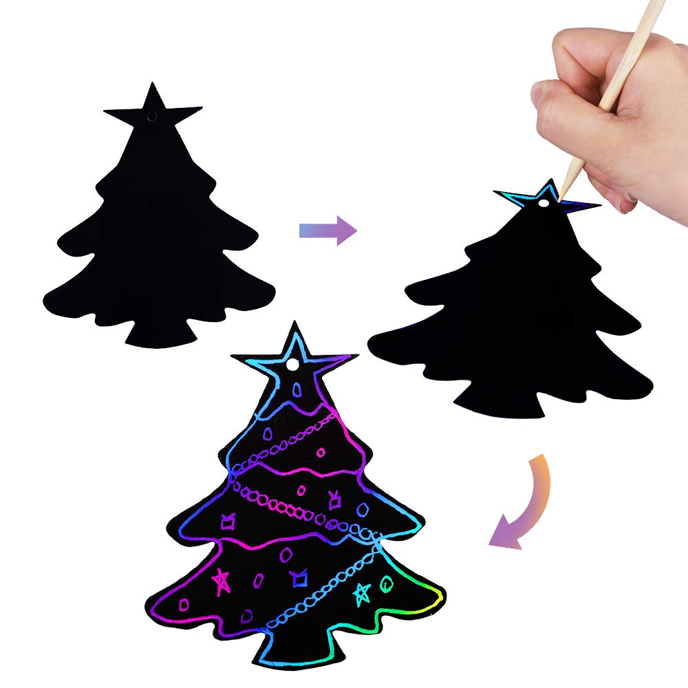 Max Fun Rainbow Color Scratch Christmas Ornaments (48 Counts) - Magic Scratch Off Cards Paper Hanging Art Craft Supplies Educational Toys Kit with 48 PCS Drawing Sticks & Cords for Kids Party Favors