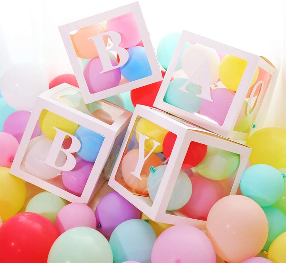 BabyShower Box Set of 4 Clear Baby Block Boxes with Baby Letters Party Decoration - Transparent Ballon Boxes Backdrop - Baby Shower & Birthday Party