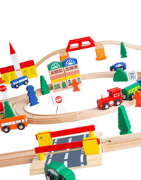 100-Piece Orbrium Toys Triple-Loop Wooden Train Set Fits Thomas Brio Chuggington
