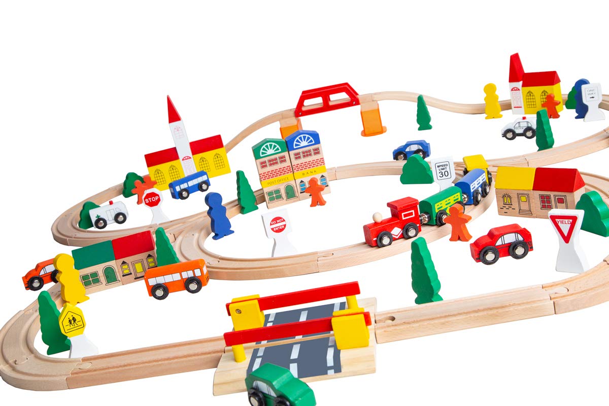 100-Piece Orbrium Toys Triple-Loop Wooden Train Set Fits Thomas Brio Chuggington